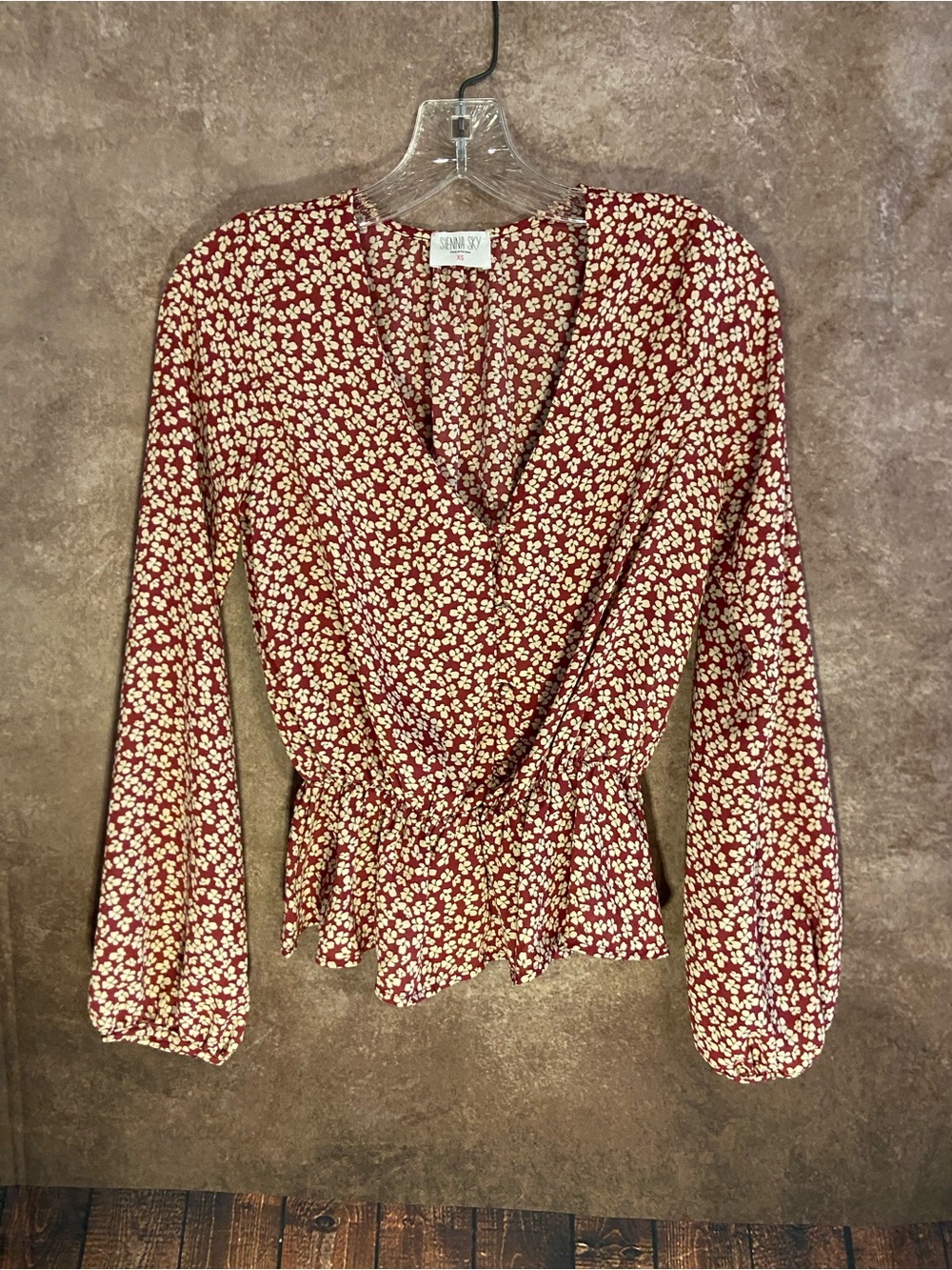 Sienna Sky-Red Floral Faux Wrap Blouse-Women’s size XS-EUC
